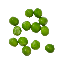 Green peas arranged in a circular pattern on a white background